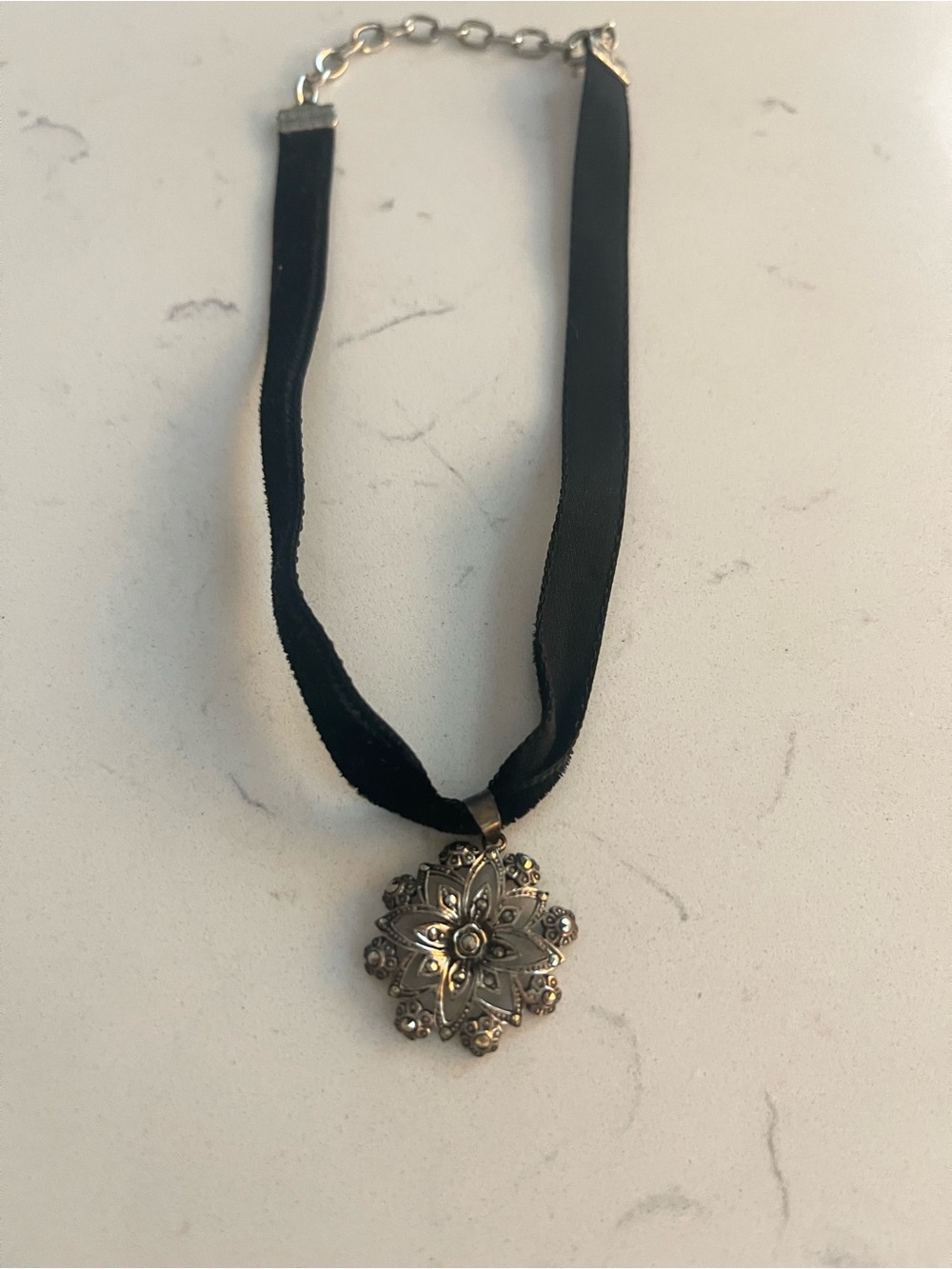Black Velvet Choker Necklace with Silver Floral Pendant